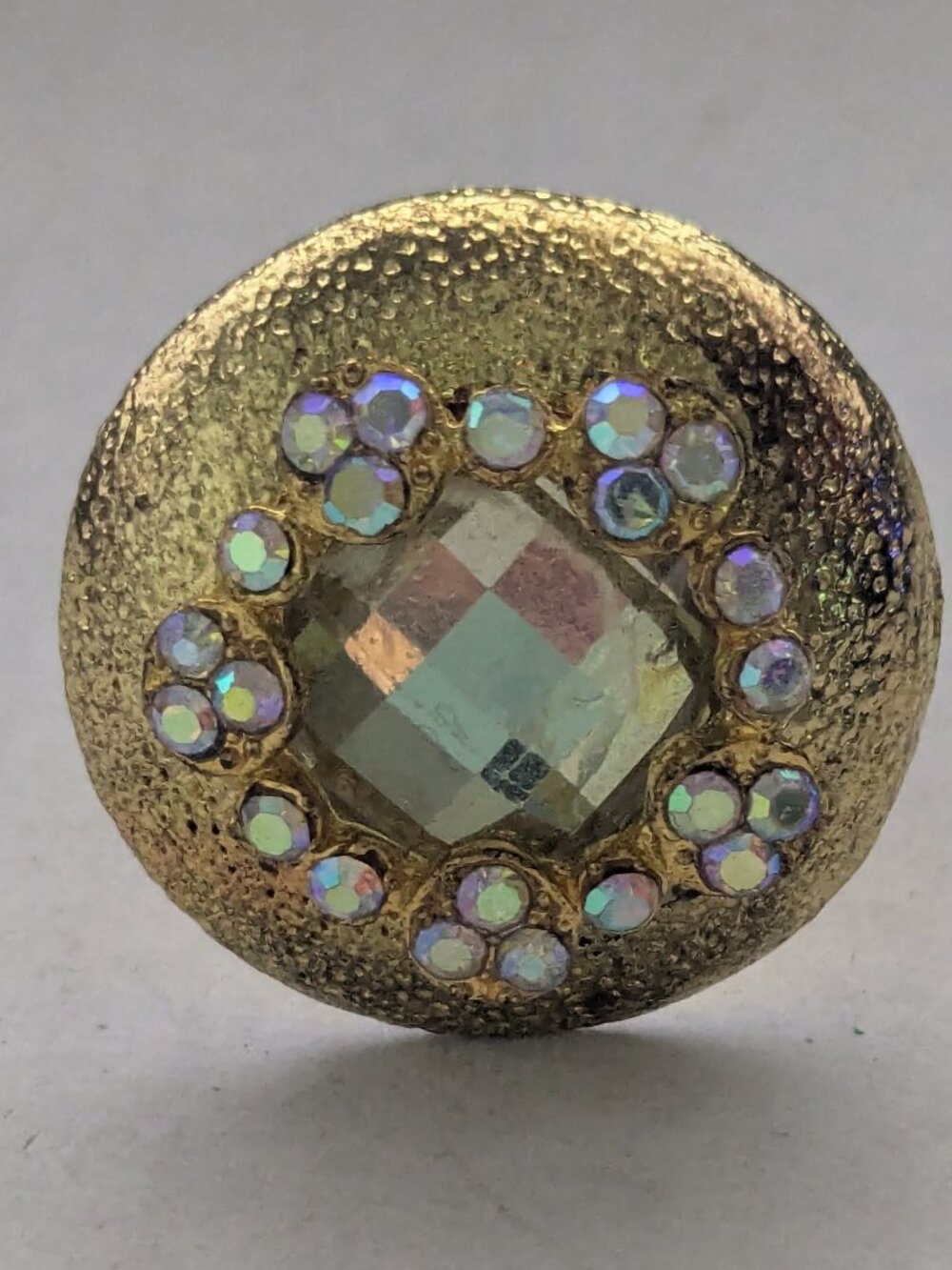 Vintage Adjustable Gold Tone Domed AB Aurora Borealis Rhinestone Ring